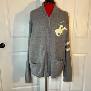 Beverly Hills Polo Club Men L Gray Full Zip Knit Cardigan Large Embroidered Pony
